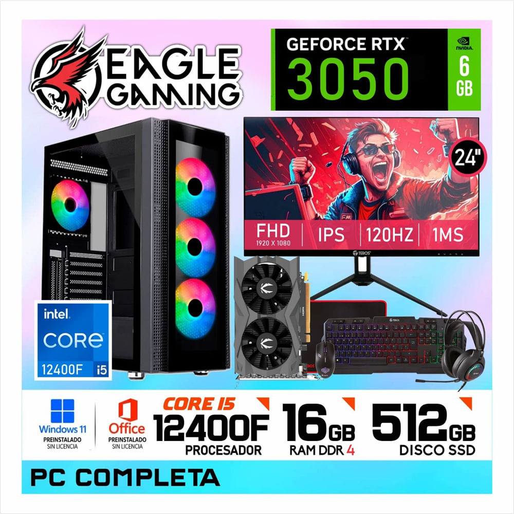 PC GAMER Intel Core i5 12400F 16GB DDR4 512 SSD NVIDIA GeForce RTX3050 6GB