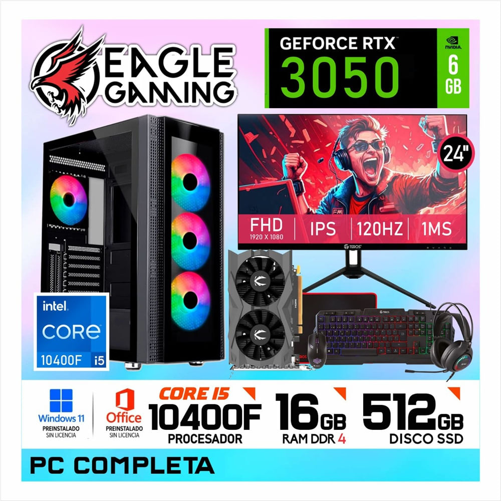 PC GAMER Intel Core i5 10400F 16GB DDR4 500 SSD NVIDIA GeForce RTX3050 6GB