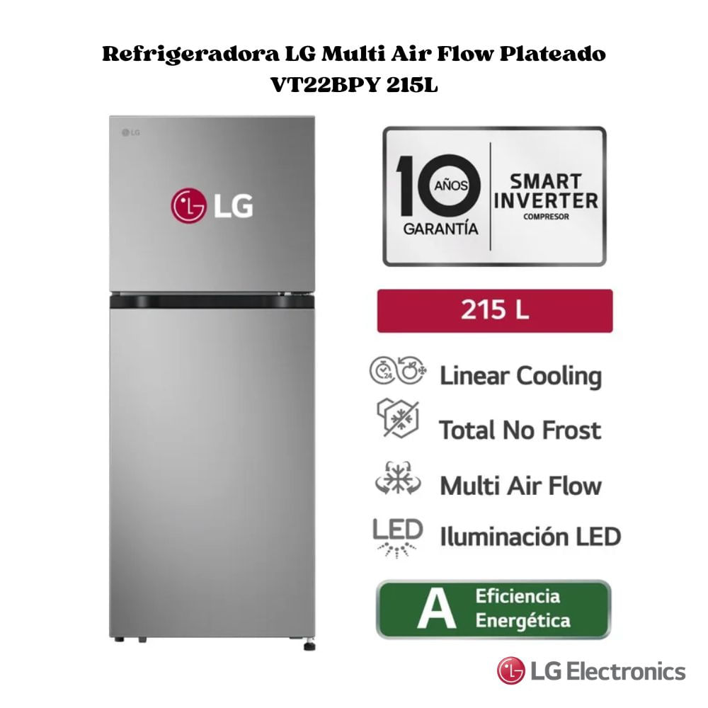 Refrigeradora LG Multi Air Flow Plateado VT22BPY 215L