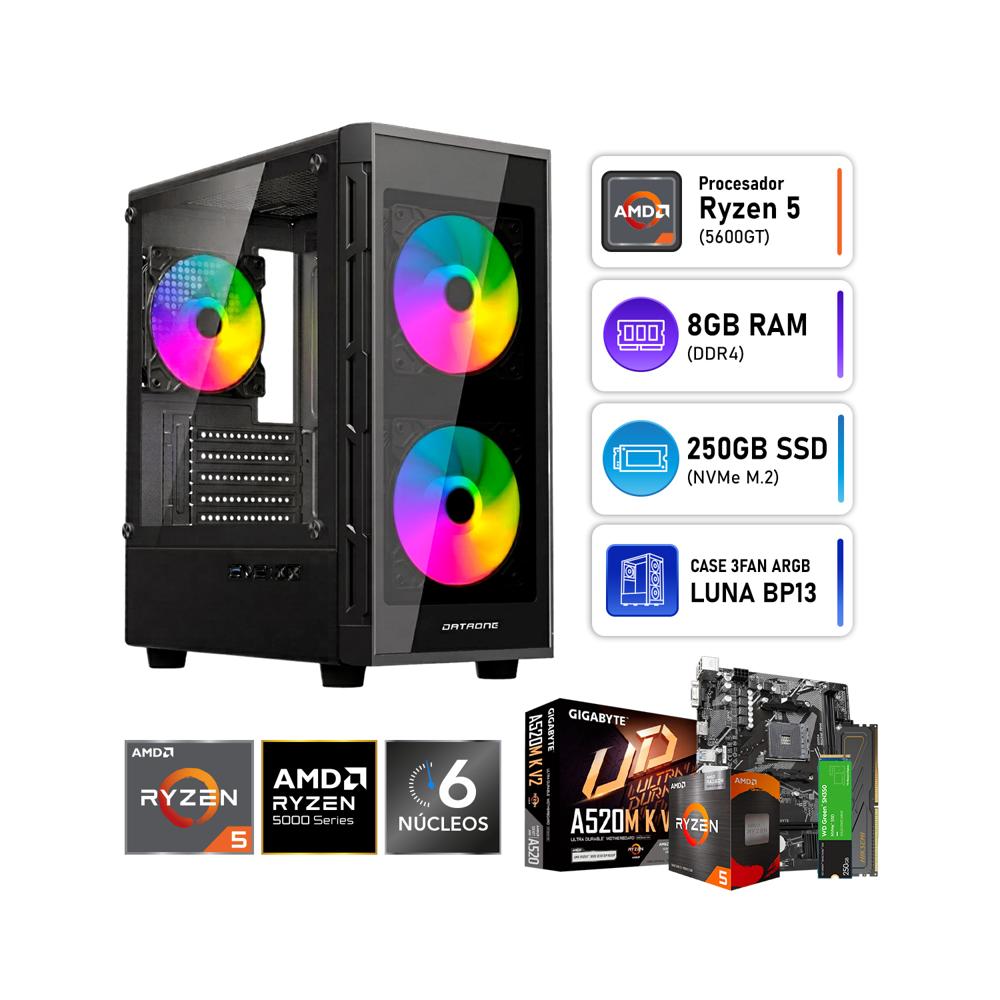 PC Oficina AMD Ryzen 5 5600GT 8GB DDR4 SSD M.2 250GB Gigabyte A520M K V2