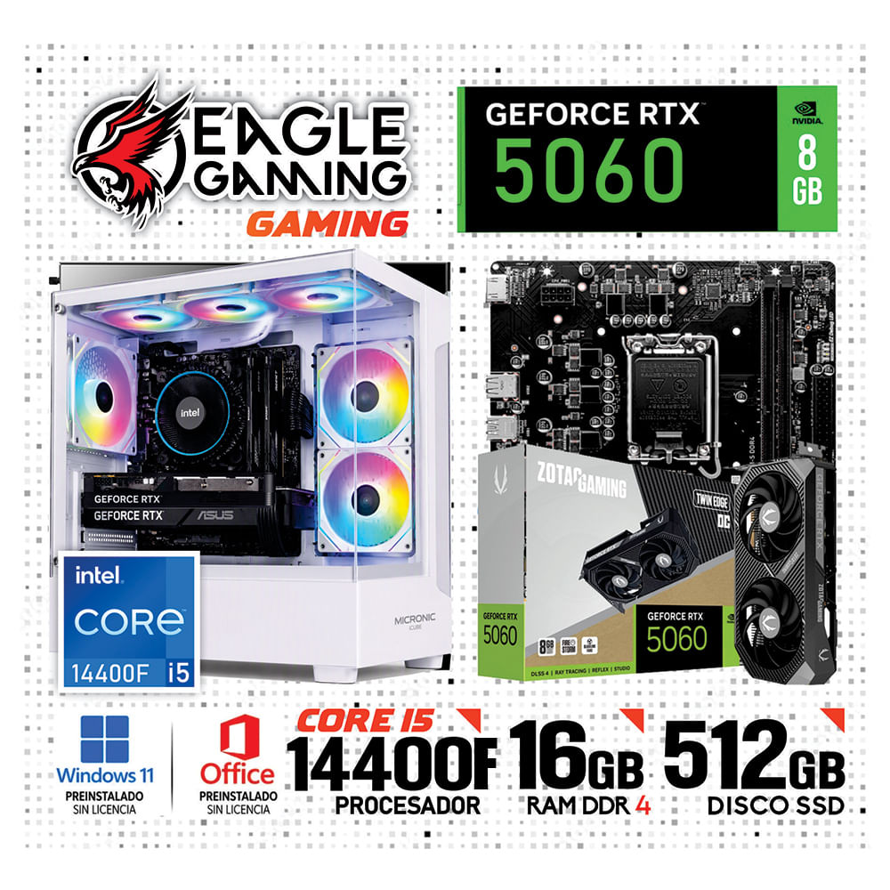 PC GAMER INTEL CORE i5 14400F 16GB DDR4 512GB  SSD NVIDIA GEFORCE RTX 5060 8GB BLANCO