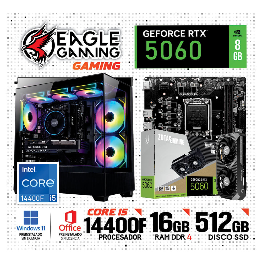 PC GAMER INTEL CORE i5 14400F 16GB DDR4 512GB  SSD NVIDIA GEFORCE RTX 5060 8GB NEGRO