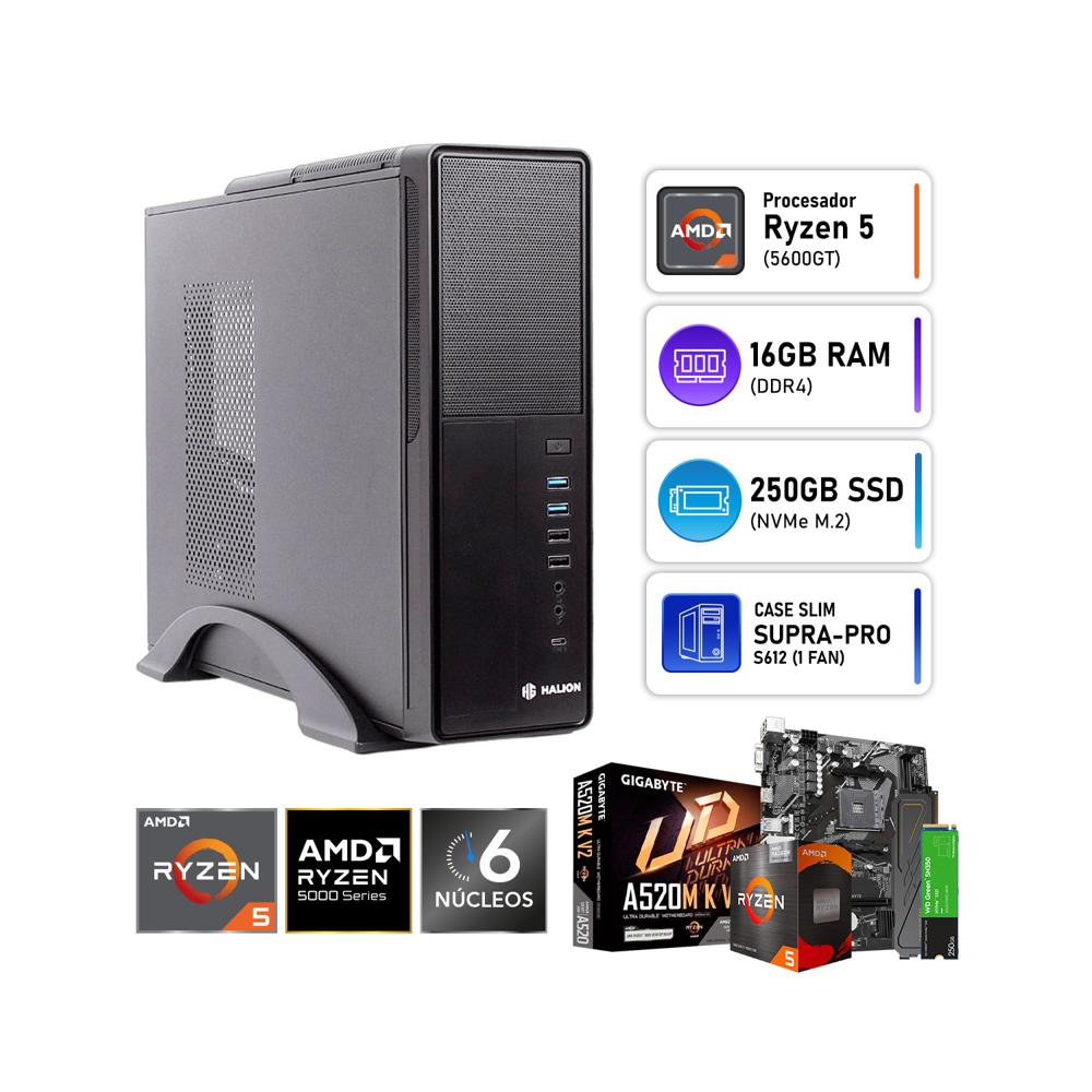 PC Oficina AMD Ryzen 5 5600GT 16GB DDR4 SSD M.2 250GB Halion Slim Supra-Pro S612 350W