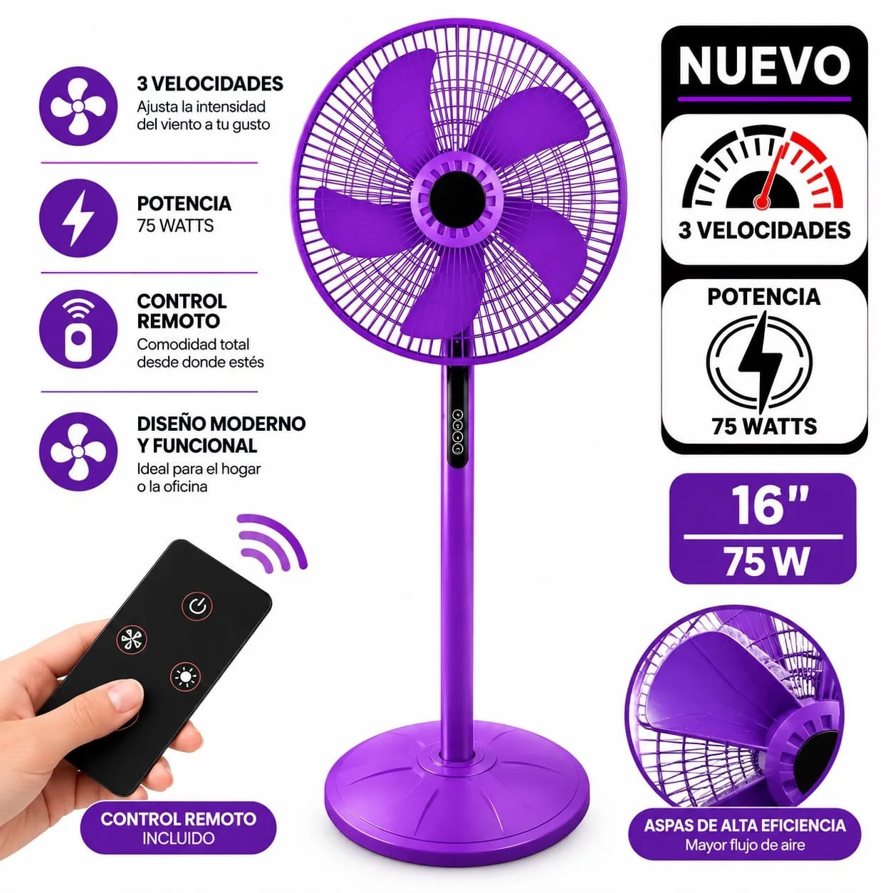Ventilador 3 en 1 Pared y Mesa 16  Pulgadas 75W control remoto Morado