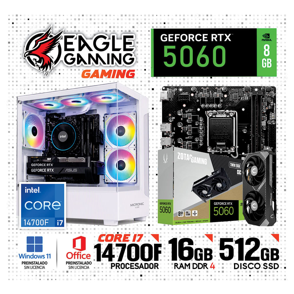 PC GAMER INTEL CORE i7 14700F 16GB DDR4 512GB  SSD NVIDIA GEFORCE RTX 5060 8GB BLANCO