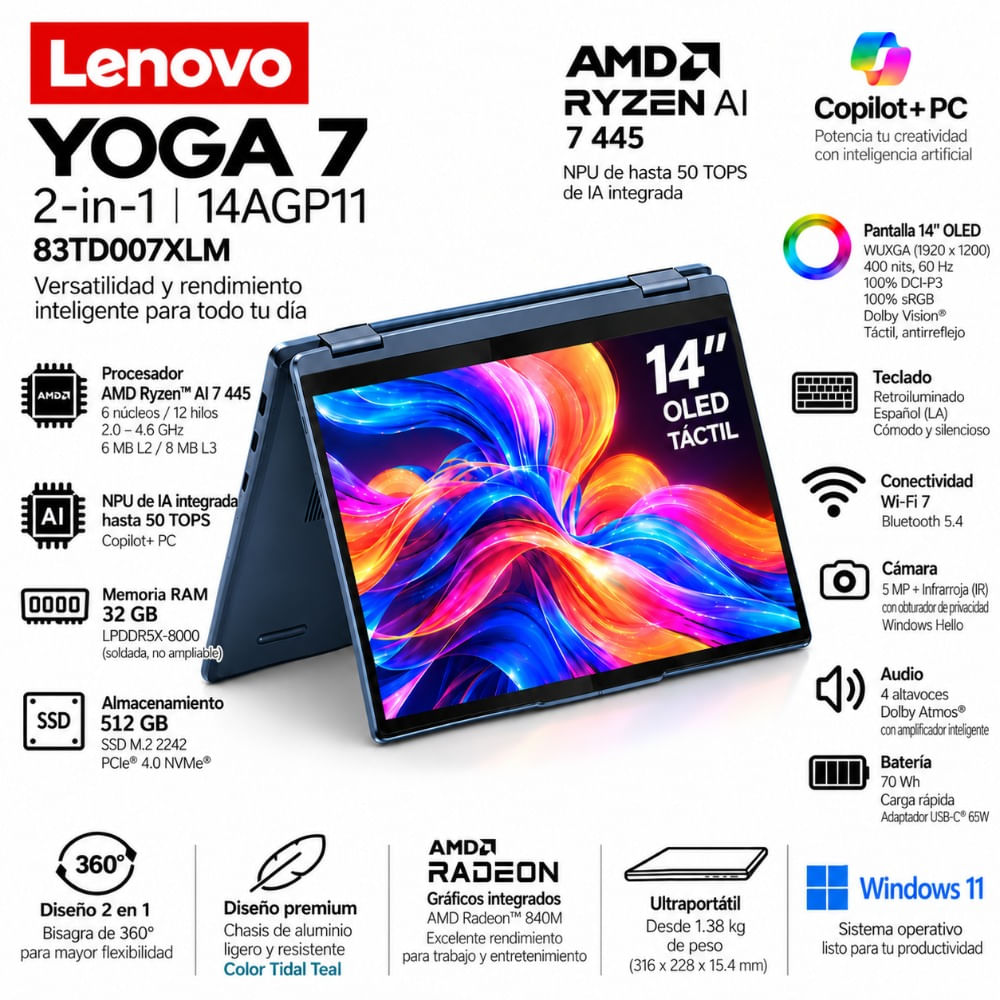 Lenovo Yoga 7a 2 en 1 14 OLED Ryzen AI 7 445 32GB RAM 512GB SSD Windows 11 -83TD007XLM
