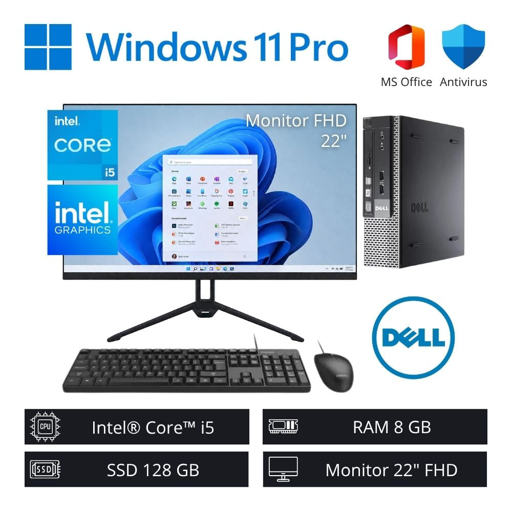 Computadora PC Dell Intel Core i5 3,30 GHz 8GB RAM 128GB SSD Refurbished + Monitor 22” FHD Nuevo