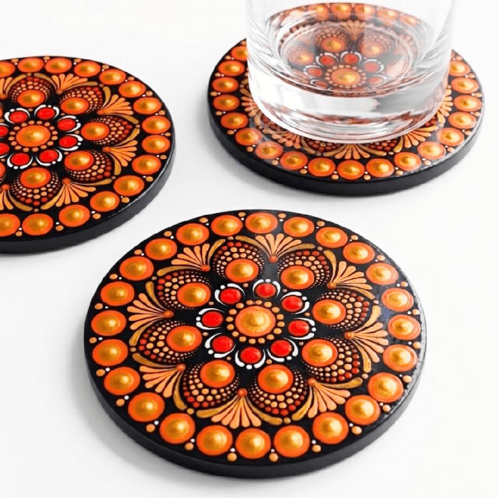 Juego de posavasos de madera Reya Mándala Naranja 6 uni.
