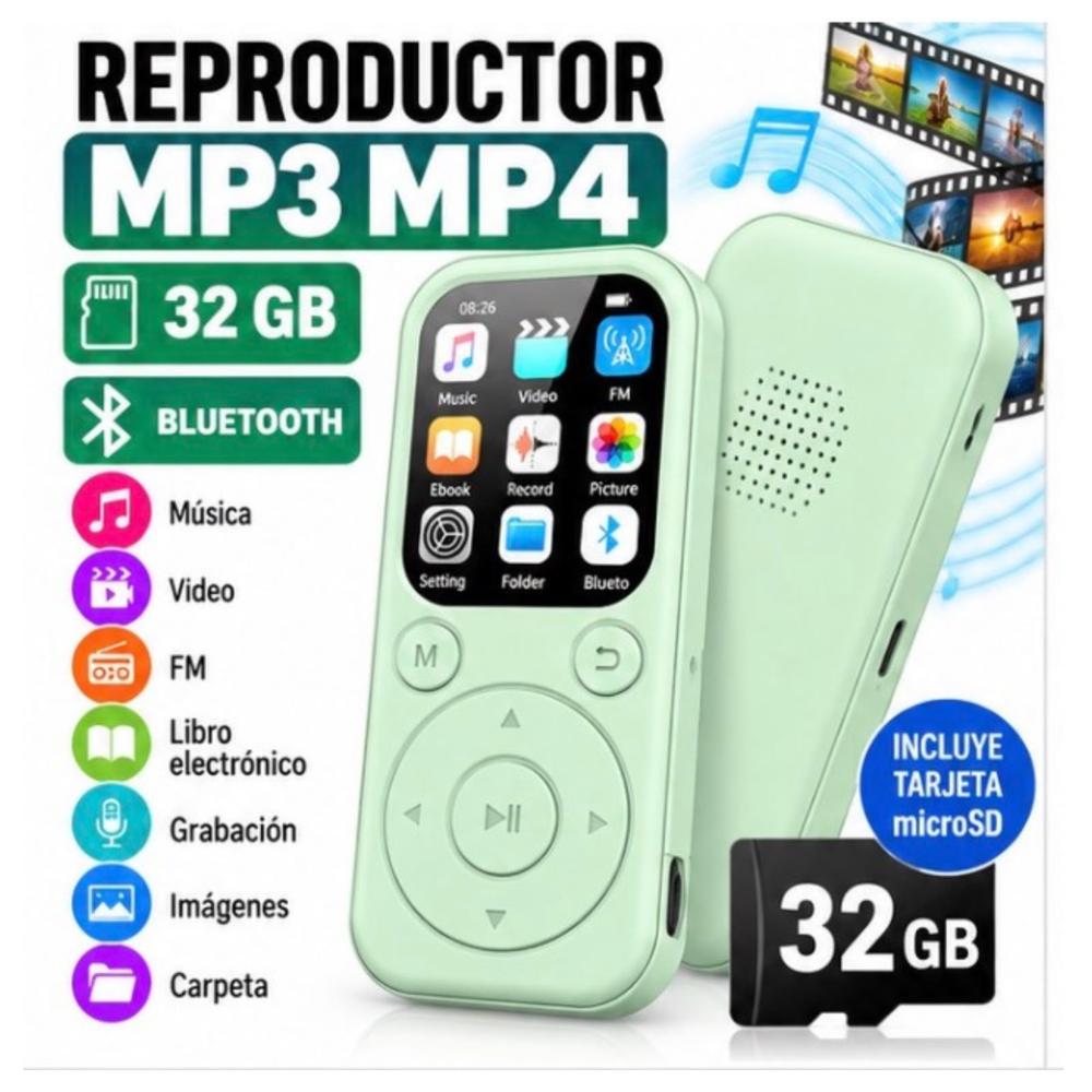 REPRODUCTOR MP3 32 GB FM BLUETOOTH VERDE