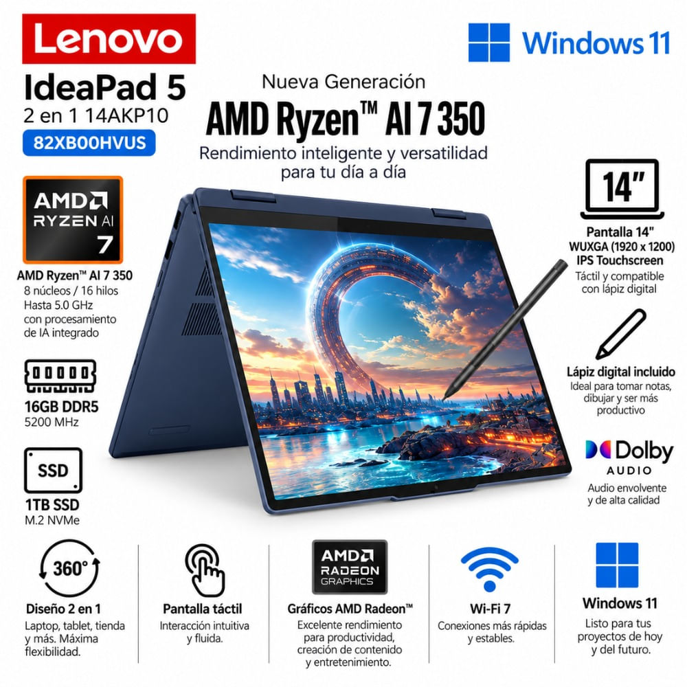 Laptop Lenovo IdeaPad 5 2 en 1 14AKP10 AMD Ryzen AI 7 350 16GB RAM 1TB SSD Táctil - 83KT001YUS