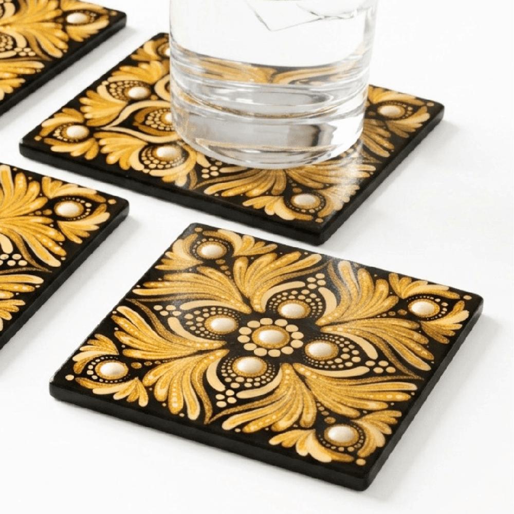 Juego de posavasos de madera Reya Mándala Dorada 6 uni.