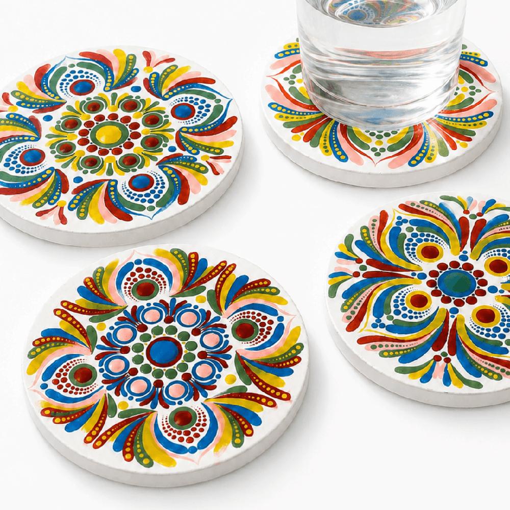 Juego de posavasos de madera  Reya Mandala Blanco y Colores 6 uni.