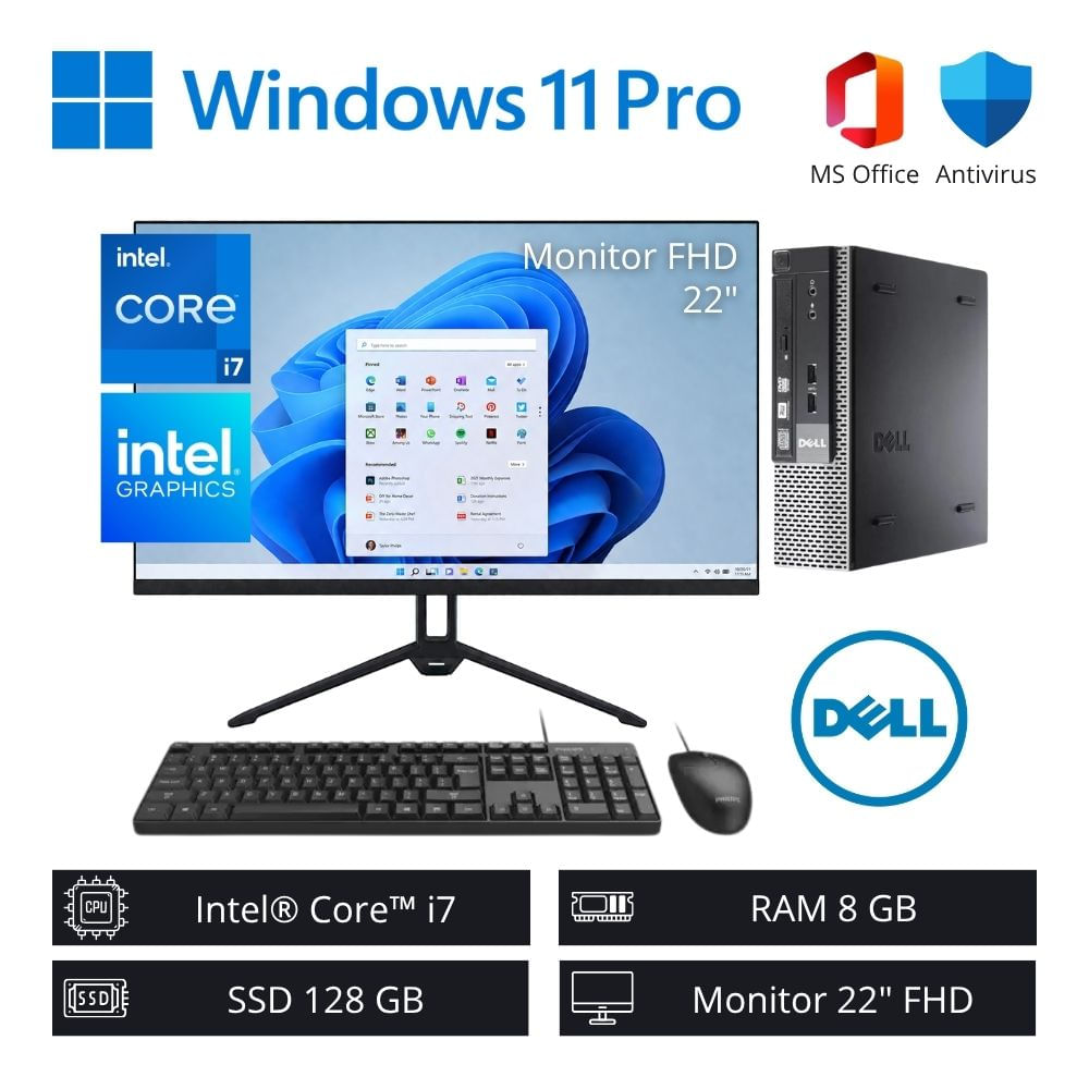 Computadora PC Dell Intel Core i7 3,90 GHz 8GB RAM 128GB SSD Refurbished + Monitor 22” FHD Nuevo