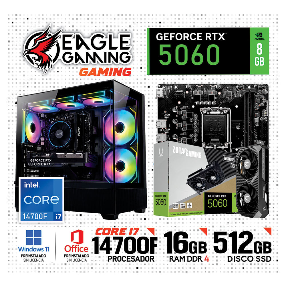 PC GAMER INTEL CORE i7 14700F 16GB DDR4 512GB  SSD NVIDIA GEFORCE RTX 5060 8GB NEGRO