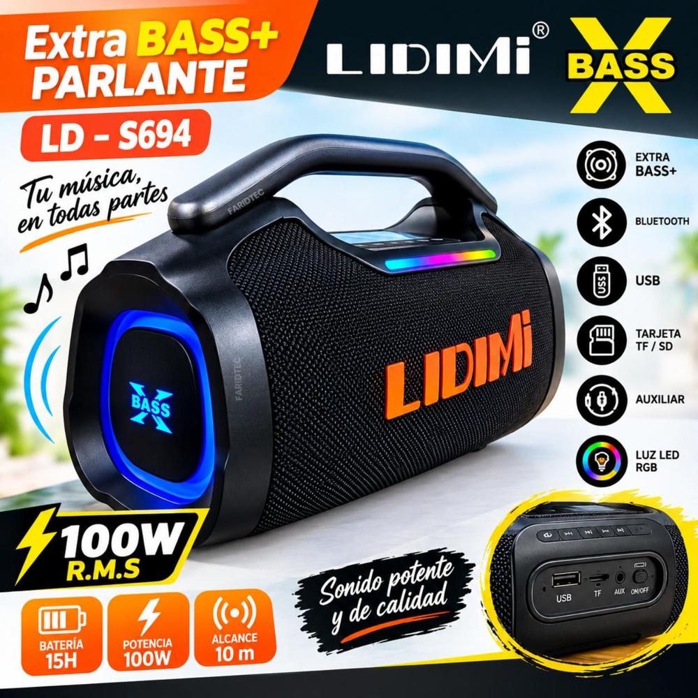 Parlante Bluetooth EXTRA BASS Lidimi Super 100W LD-S694 USB LED RGB