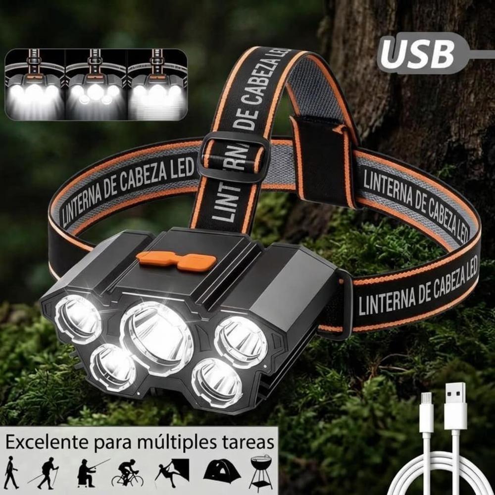 Linterna Frontal 5 Led Recargable Usb Alta Potencia