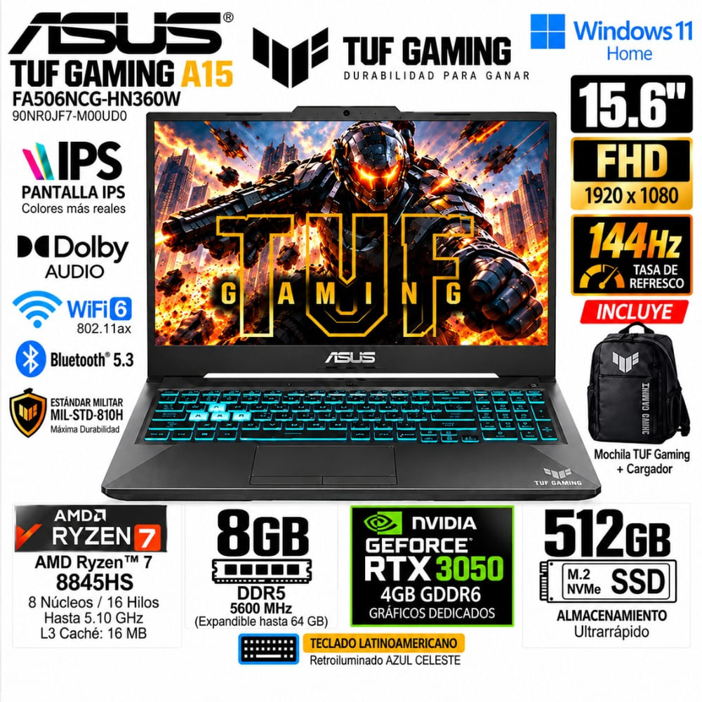 Laptop ASUS TUF A15 FA506NCG-HN360W Ryzen 7 8845HS 8GB 512GB RTX 3050 4GB 15.6 144Hz W11