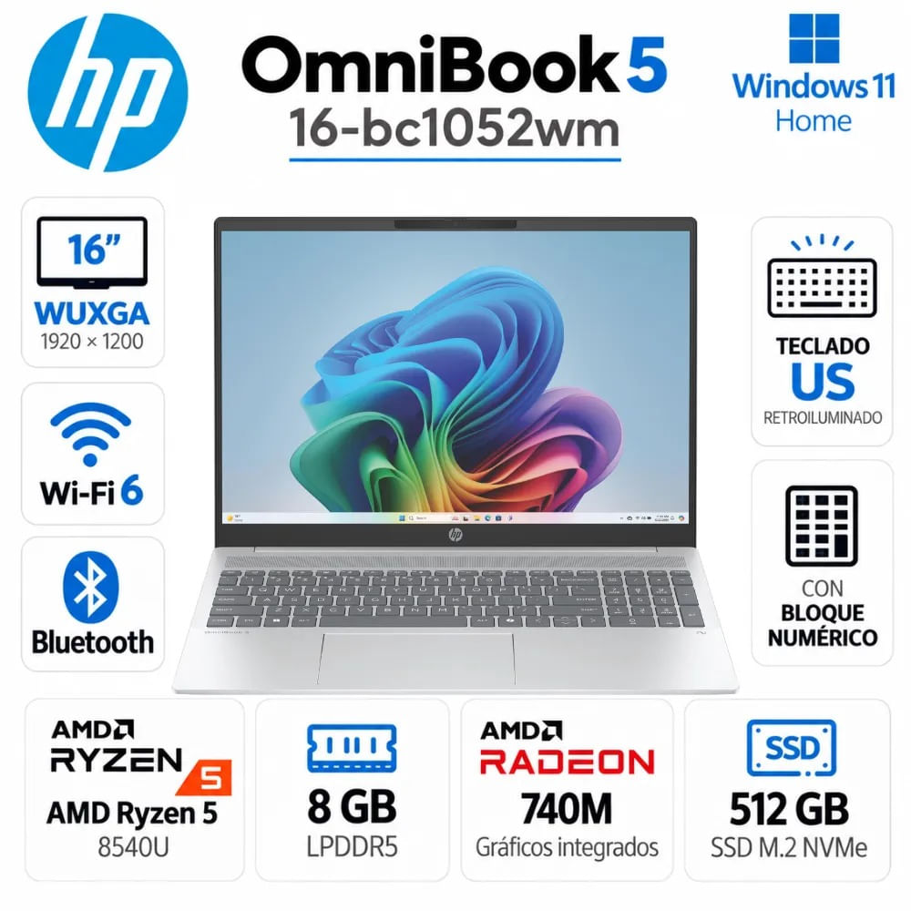 Laptop HP OmniBook 5 16-bc1052wm Ryzen 5 8540U 8GB 512GB SSD 16 WUXGA Windows 11