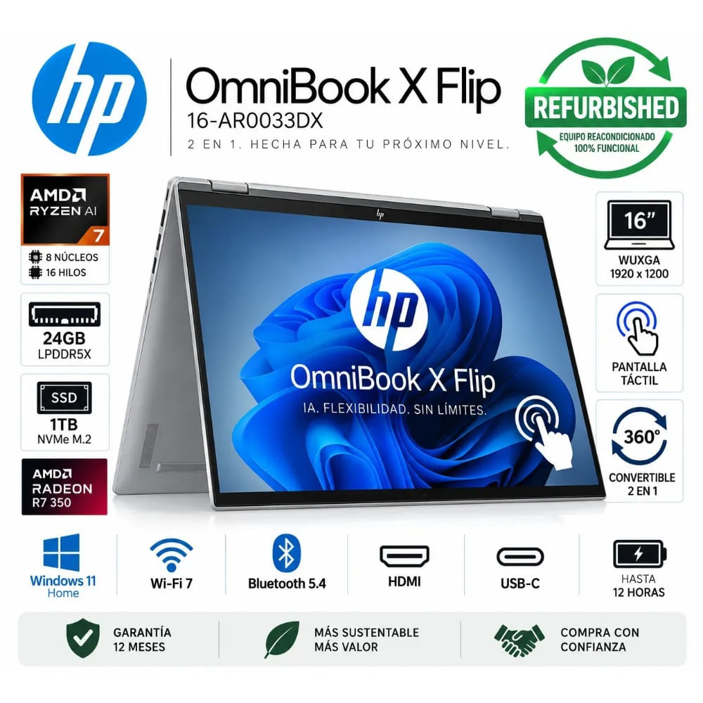 Laptop HP OmniBook X Flip  AMD Ryzen AI 7 350 24GB LPDDR5X 1TB SSD 16 WUXGA Touch W11 REFURBISHED