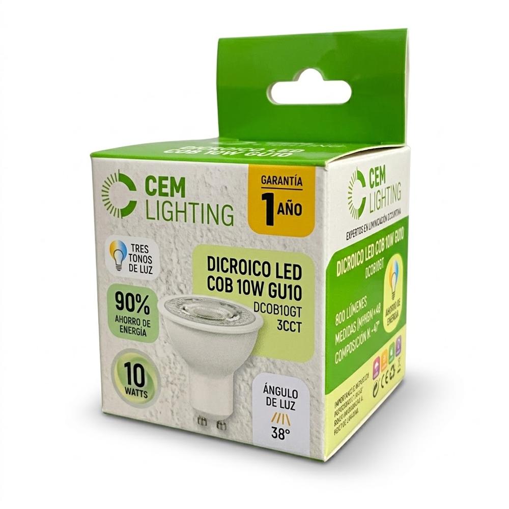 Foco Dicroico LED COB GU10 10W 3 colores de Luz 3 Tiempos Cemlighting