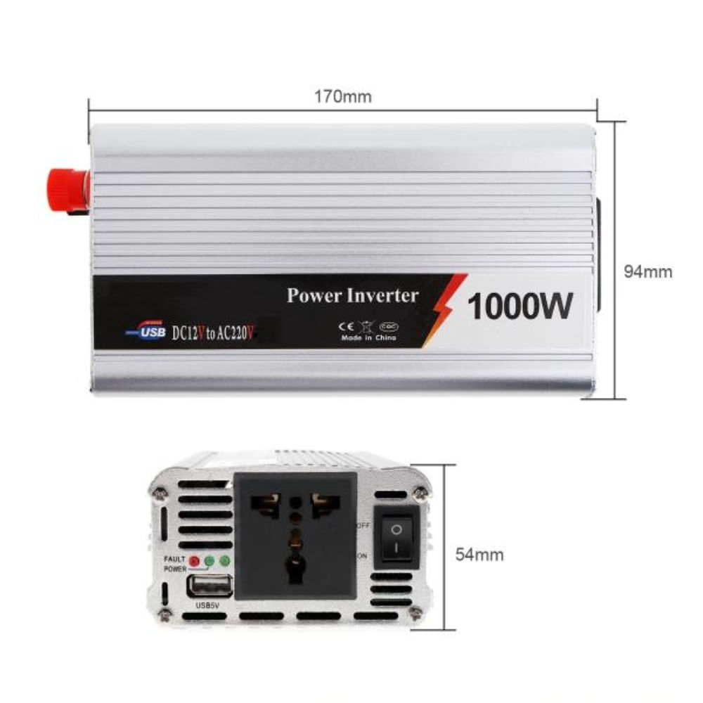  Inversor de corriente para 1000W, inversor de energía solar, DC  12V/24V a AC 110V/220V Convertidor de voltaje con puerto USB para conexión  directa a la batería, 12V-220V : Electrónica