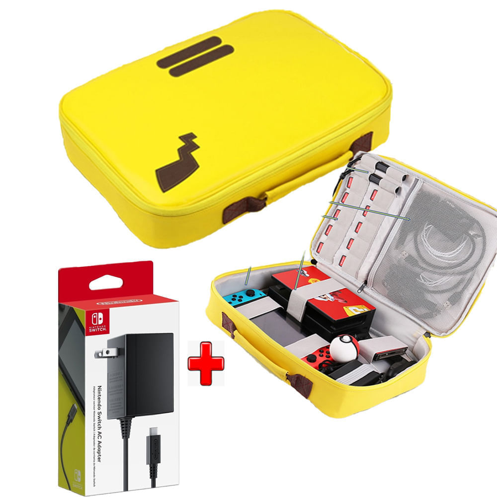 Pack Maleta para Nintendo Switch y Oled Pikachu Amarillo + Cargador
