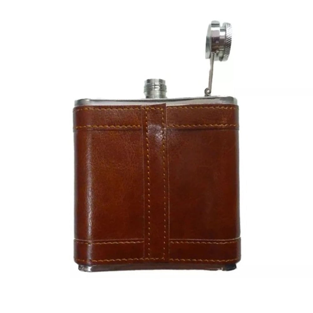 Licorera Bolsillo Forro Cuero 6 onzas Acero Inoxidable Petaca Marron