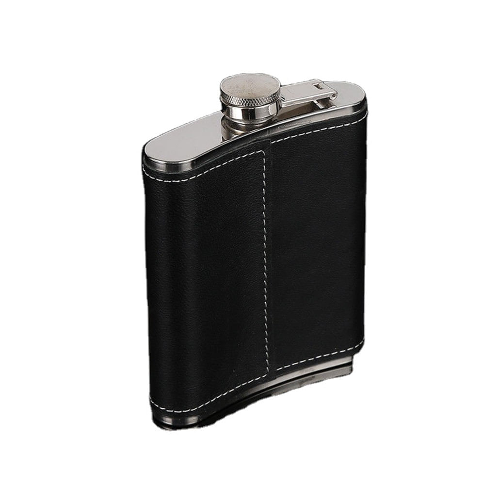 Licorera Bolsillo Forro Cuero 6 onzas Acero Inoxidable Petaca Negro