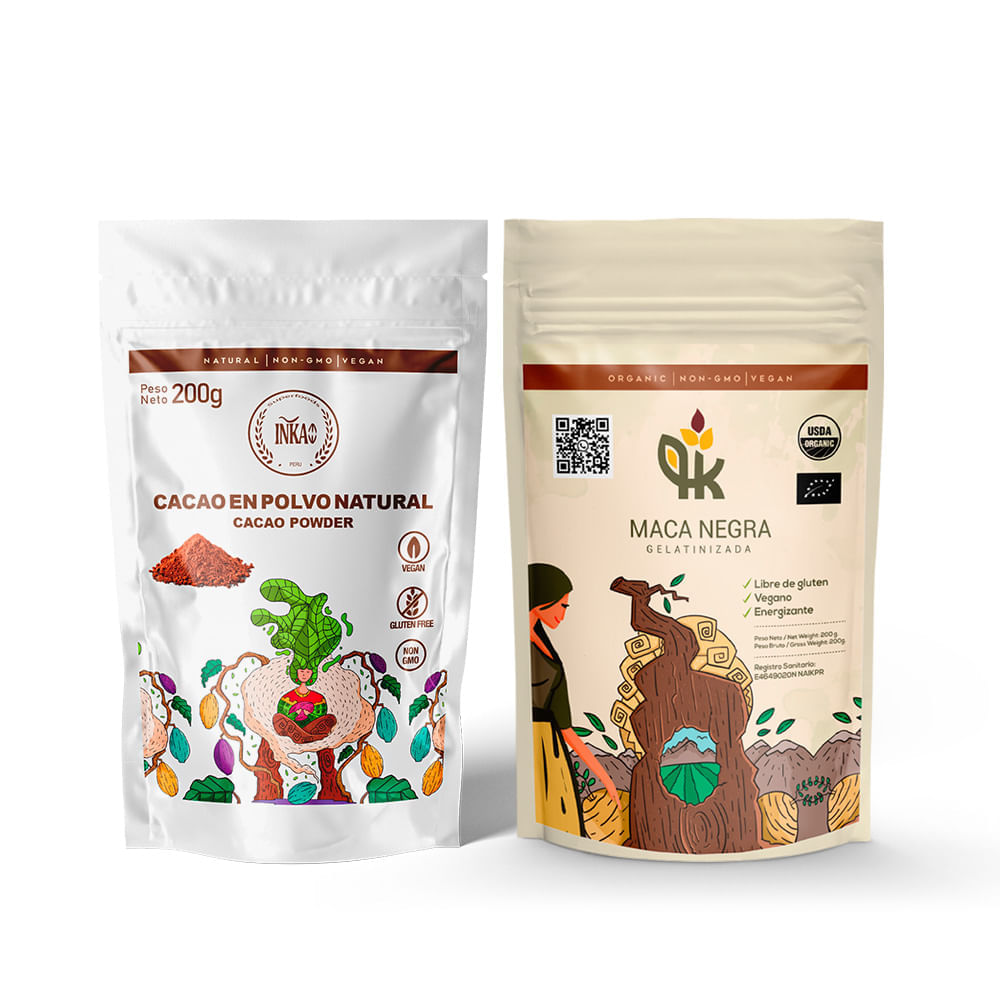 Cacao Natural Inkao en Polvo 200g y Maca Negra Gelatinizada en Polvo
