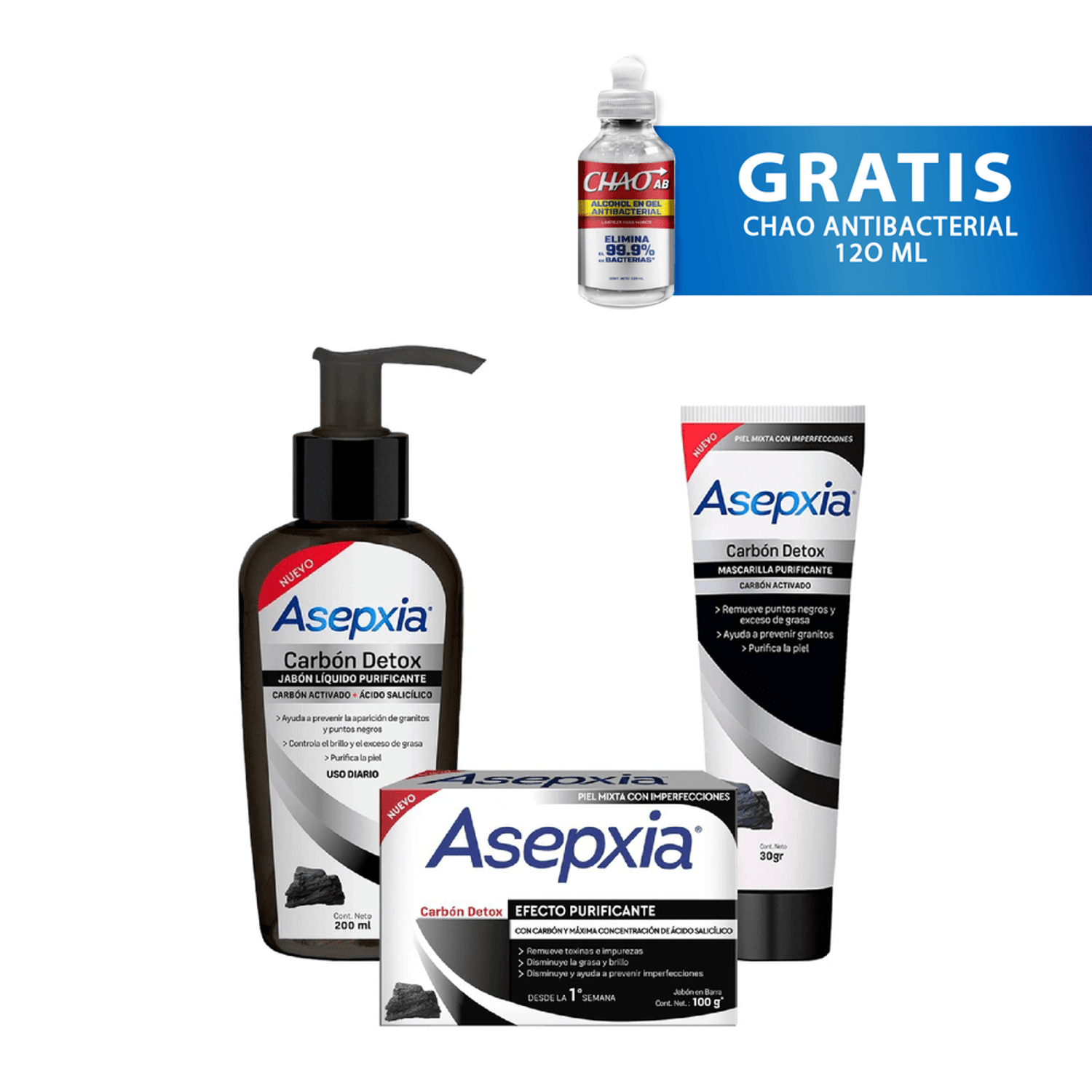 Pack Asepxia Carbon Jabon en Barra + Jabon Liquido 200ml + Mascarilla Peel Off | Oechsle - Oechsle jabon asepxia carbon liquido