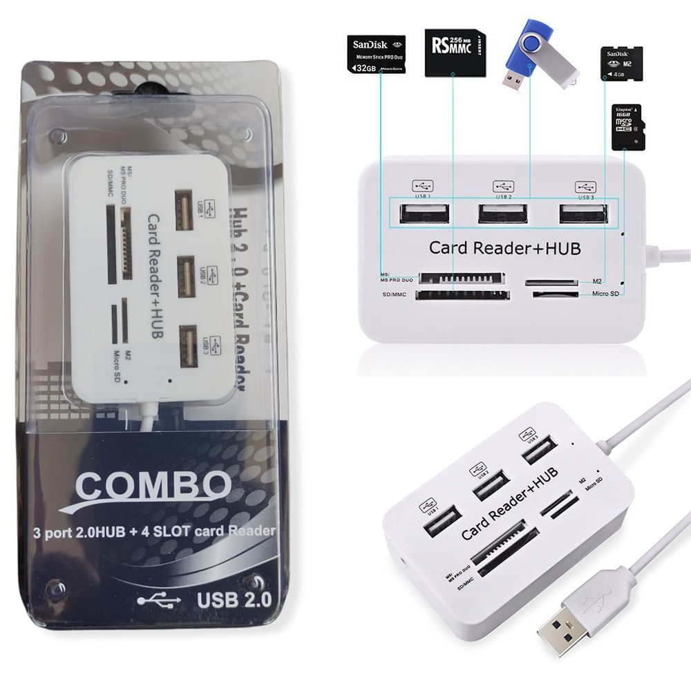 Hub 3 Puertos USB 2.0 + Lector Memoria SD/MMC - Micro SD - M2 - MS PRO DUO