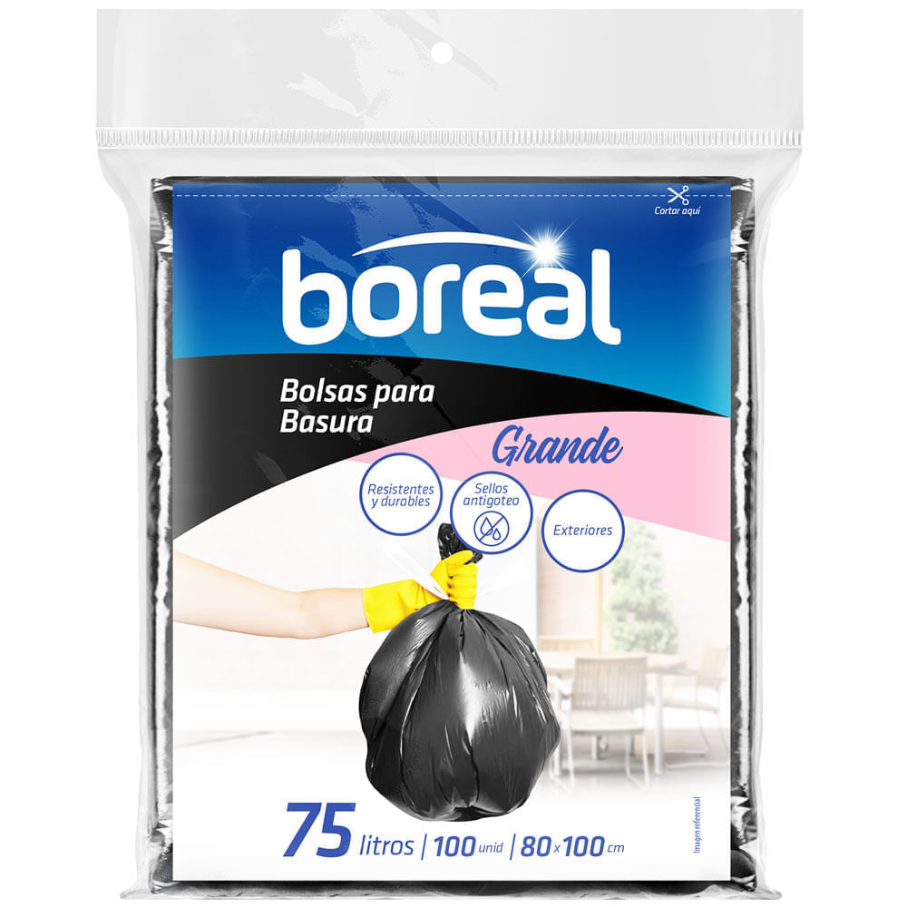 Bolsa para Basura BOREAL 75L Negra Planas 100un
