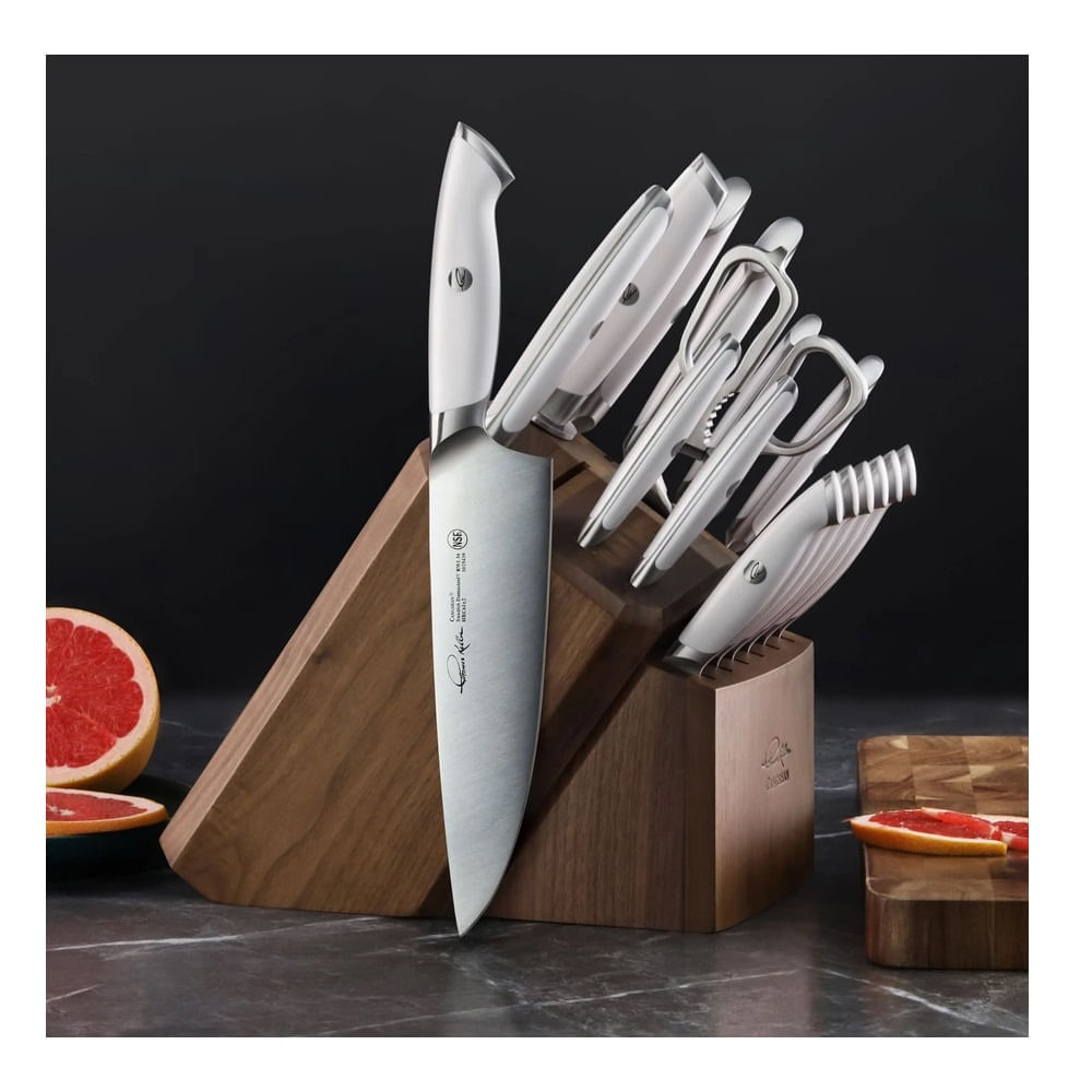 Juego de cuchillos blancos con bloque - Juego de cuchillos de cocina de  acero inoxidable forjado triple remache blanco con tijeras de cocina