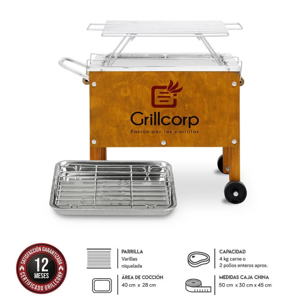 Caja China Chica Premium Caoba + Parrilla de Varillas Niqueladas 50x30x45 cm