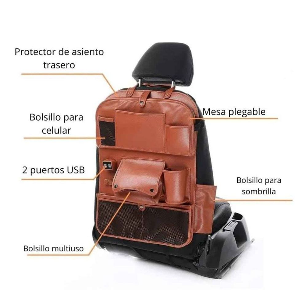 Organizador de Silla Asiento Respaldo Auto en Cuero PU con Puerto USB y  Mesa Plegable Negro
