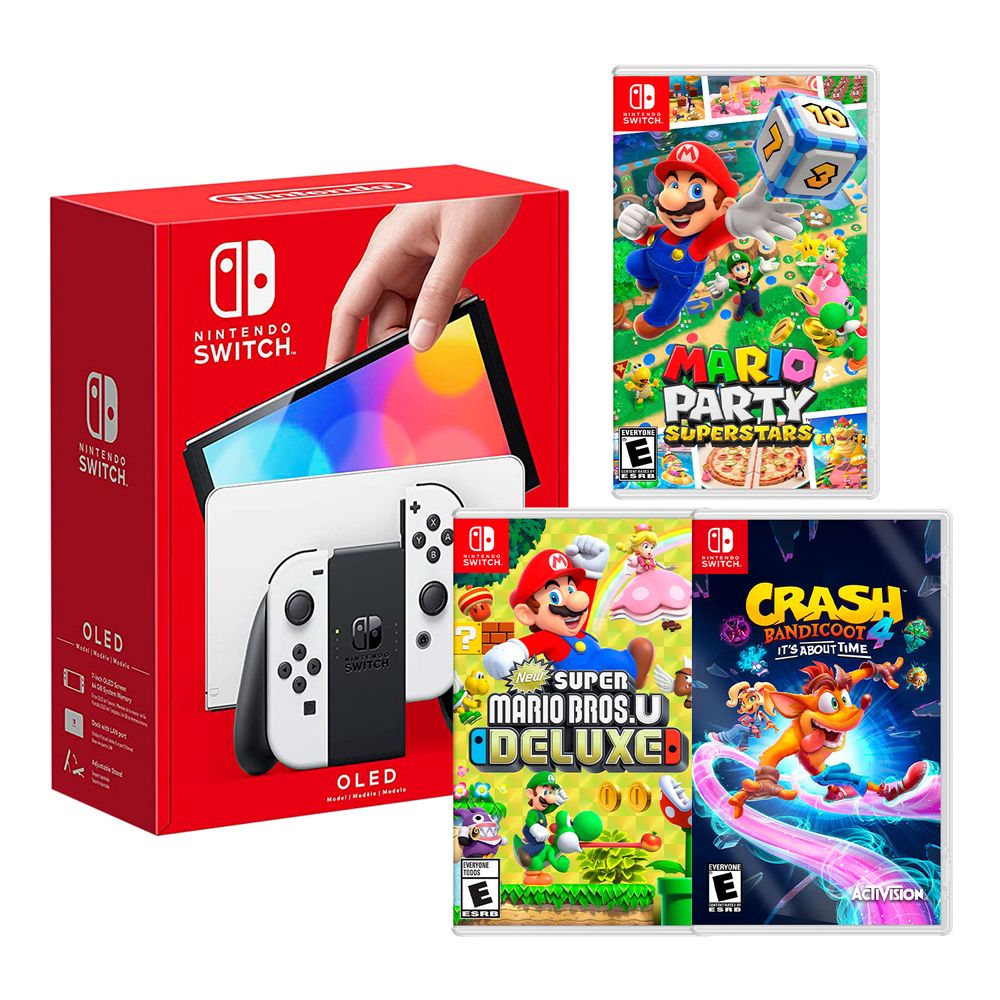 Nintendo Switch Modelo Oled Blanco + Mario Superstar + Super Mario Bros + Crash Bandicoot
