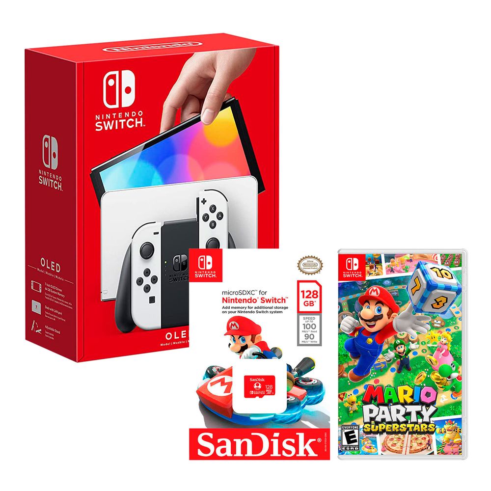 Nintendo Switch Modelo Oled Blanco + Mario Party Superstar + Micro SD 128 GB Edicion Mario