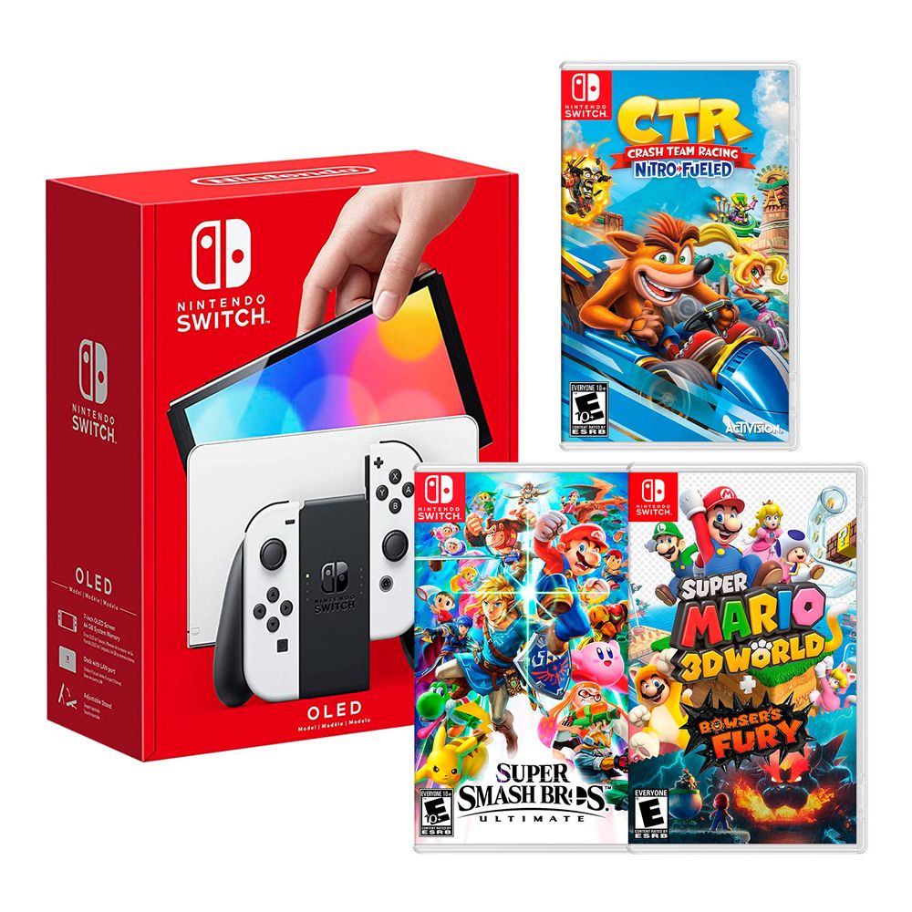 Nintendo Switch Modelo Oled Blanco + Crash Team Racing + Super Smash bros + Mario 3D World