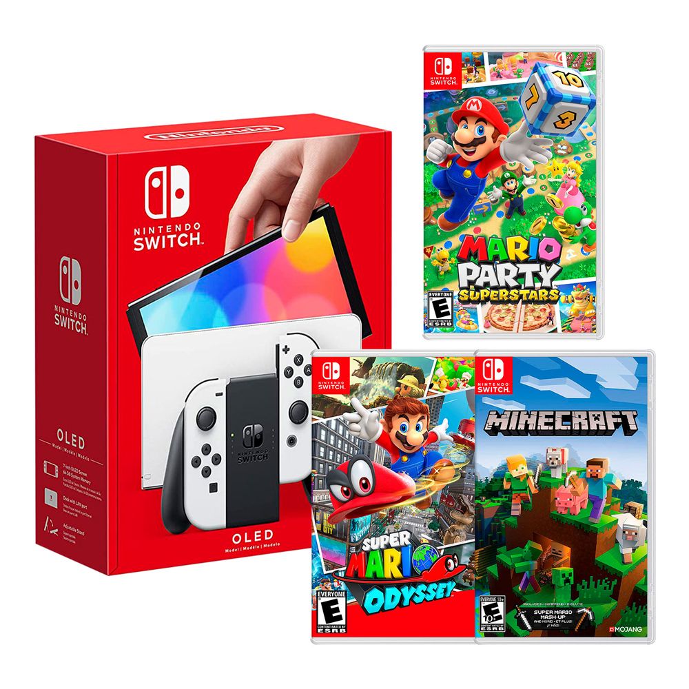 Nintendo Switch Modelo Oled Blanco + Mario Party Superstar + Mario Odyssey + Minecraft