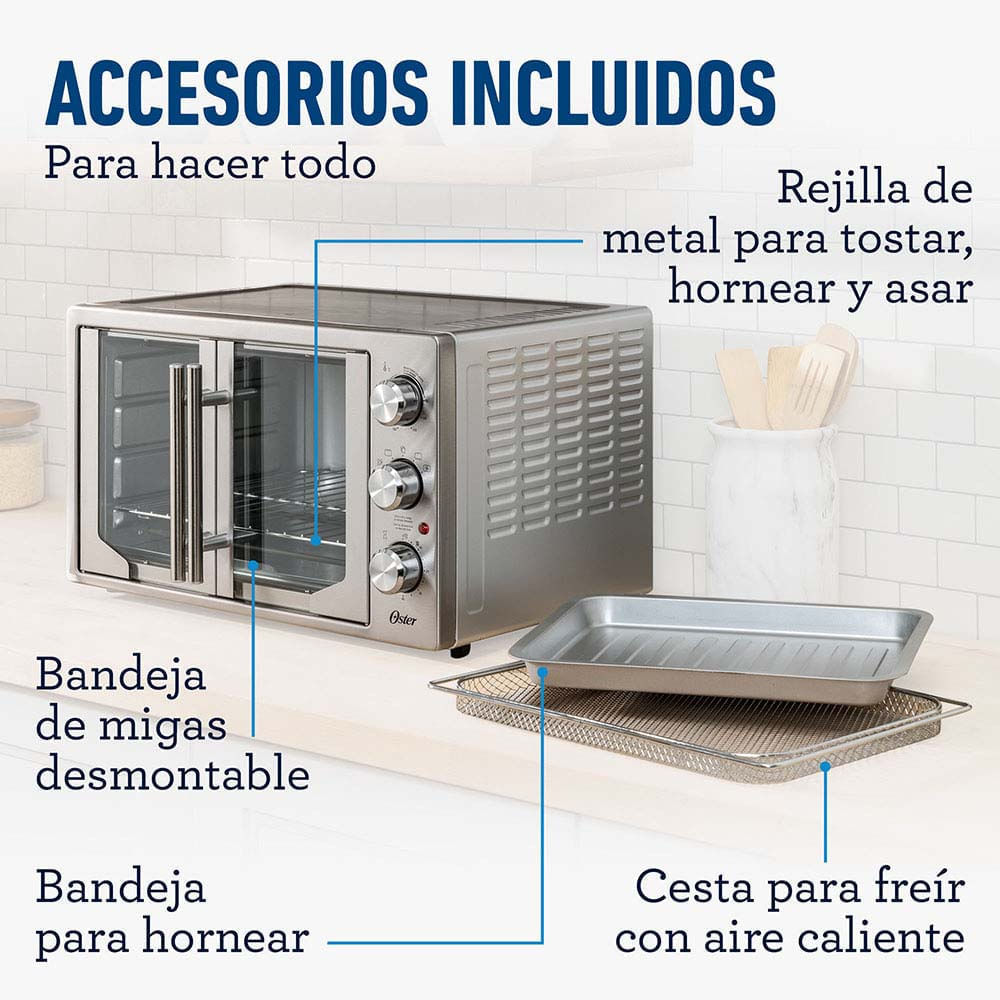 Ripley - HORNO OSTER EXTRA GRANDE DE PUERTAS ESTILO FRANCÉS CON FREIDORA DE  AIRE 2158605