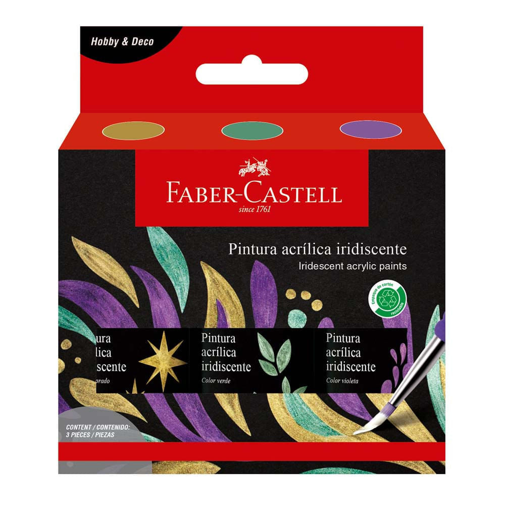 Pack Pinturas Acrílicas FABER CASTELL Iridiscentes Dorado/Verde/Violeta -  Oechsle