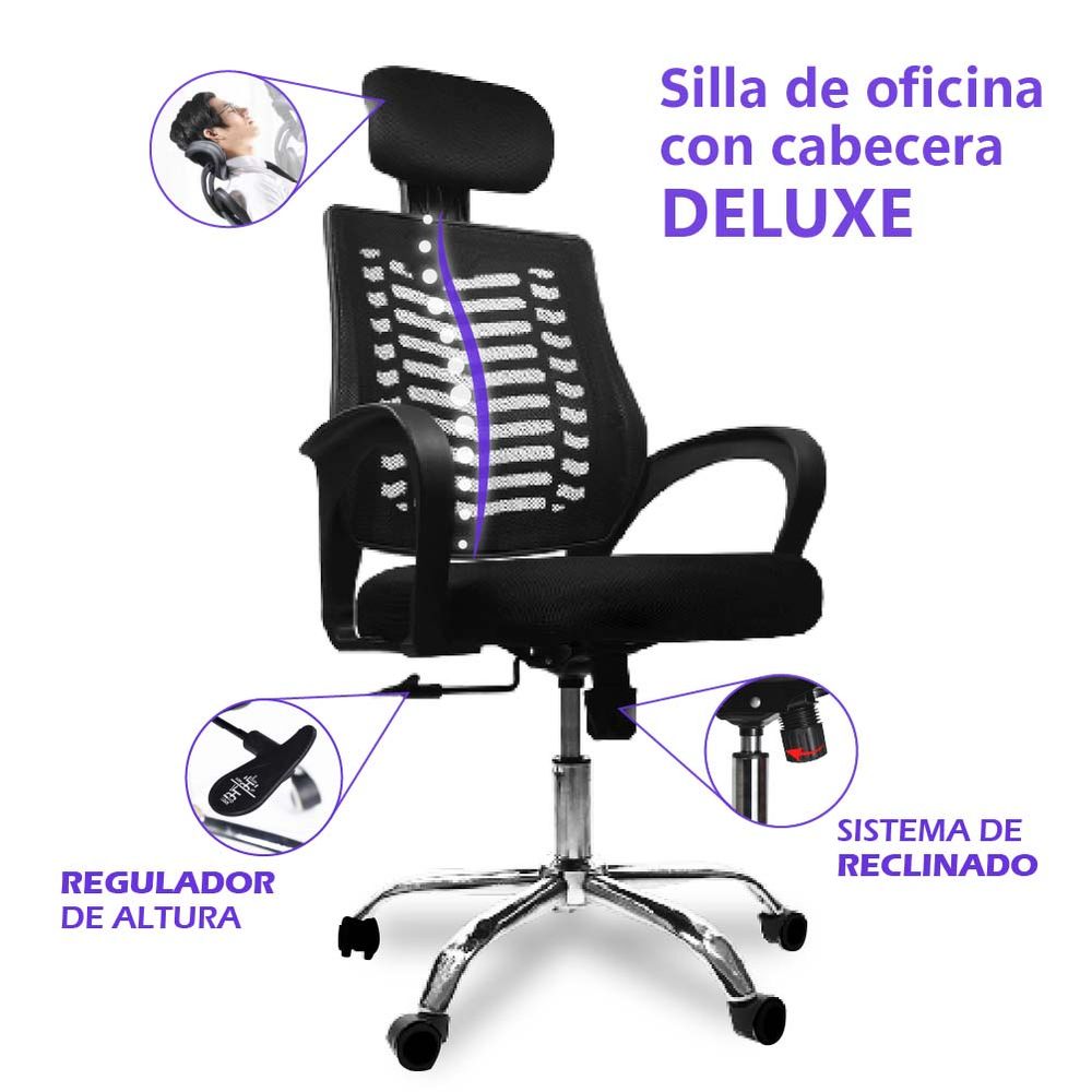 Silla de Oficina Ergo con Cabecera de Polipropileno con Mesh Negro