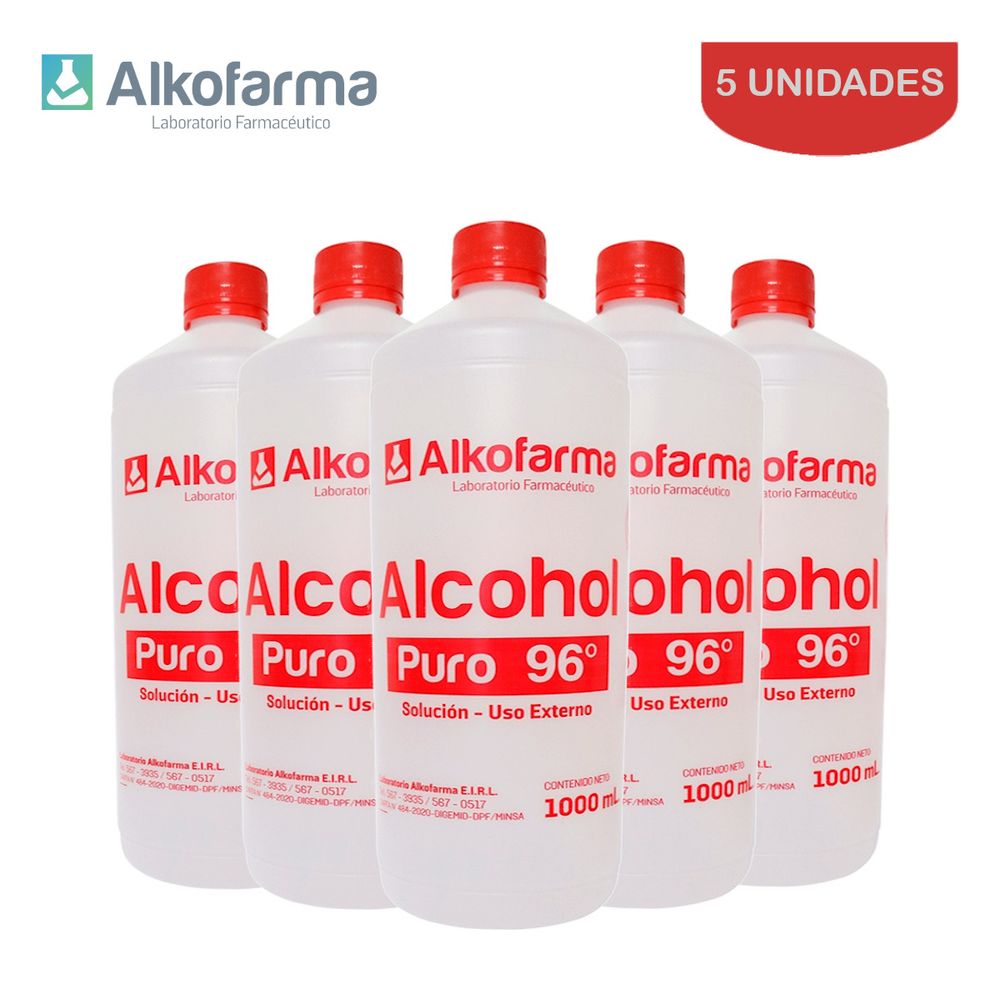 Alcohol Líquido Puro 96° Alkofarma 1 Litro Pack 5 Unidades