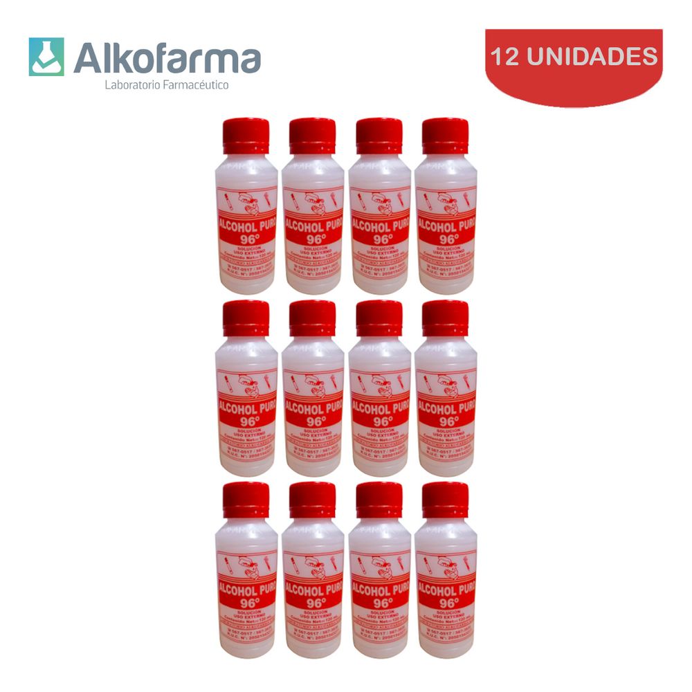 Alcohol Líquido Puro 96° Alkofarma 120ml Pack 12 Unidades