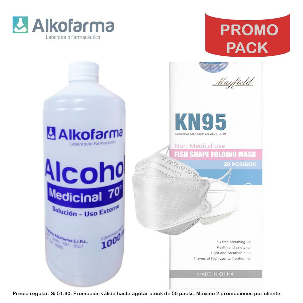 Promo Pack: Alcohol 70° 1 Litro Alkofarma + Mascarilla KN95 Fish Caja*20und Mayfield