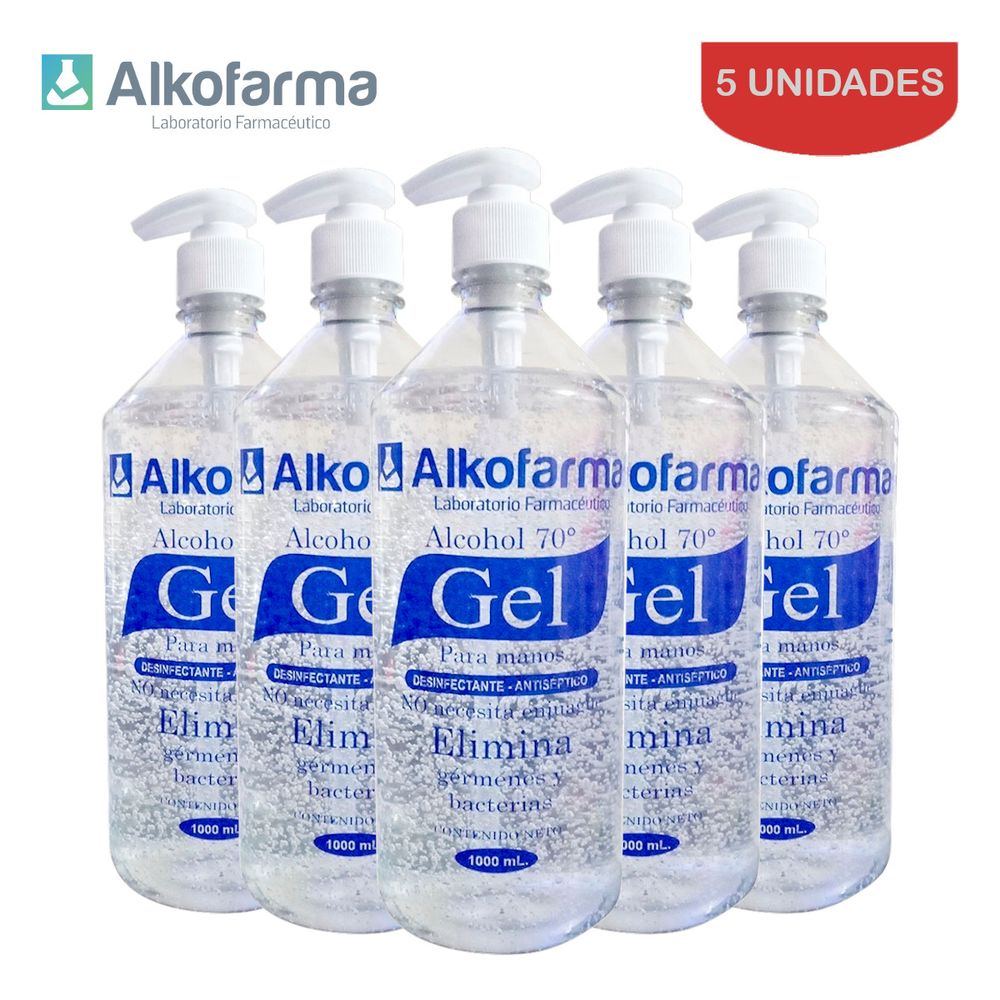 Alcohol en Gel 70° Alkofarma 1 Litro Pack 5 Unidades