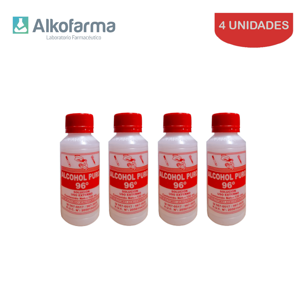 Alcohol Líquido Puro 96° Alkofarma 120ml Pack 4 Unidades