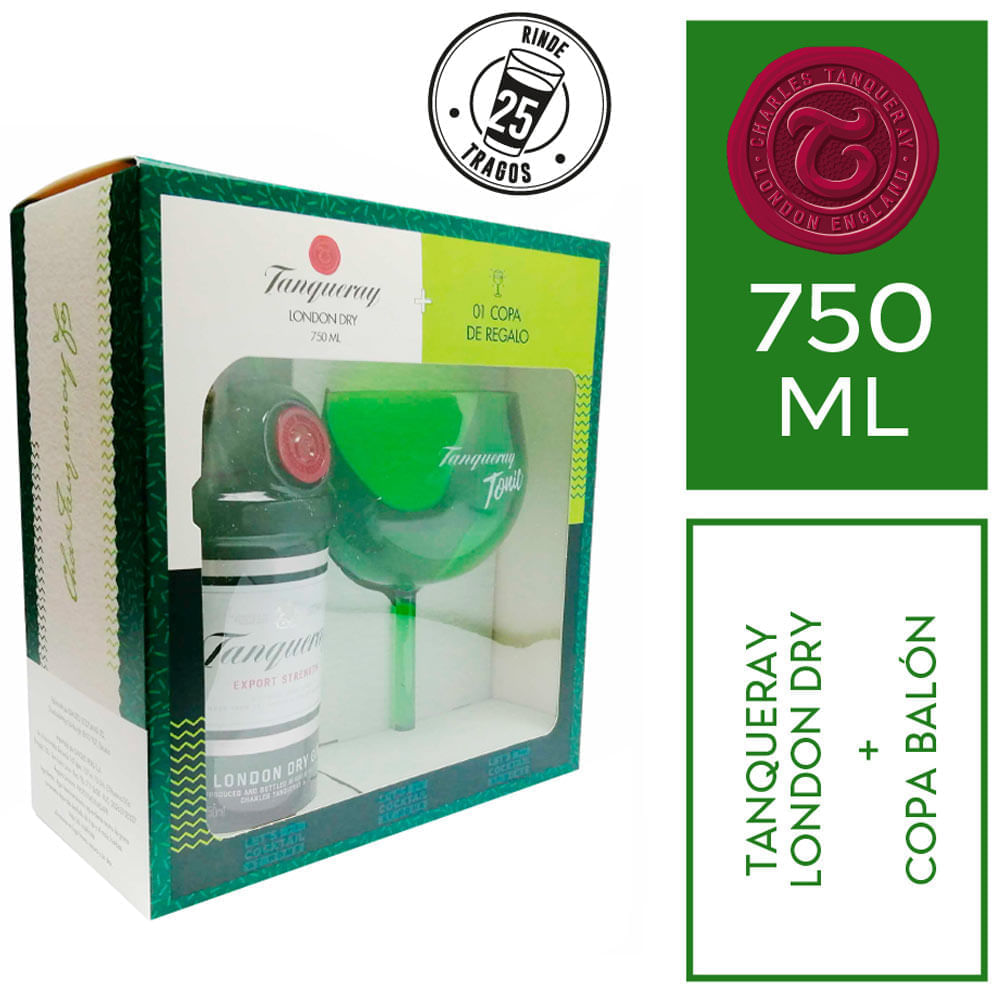 Pack Gin TANQUERAY London Dry Botella 750ml + Copa Acrílica