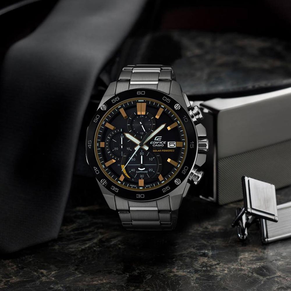 Reloj Casio Edifice Solar EFS-S500DB-1BV para Hombre Cristal de Zafiro  Fecha Plateado Negro Dorado