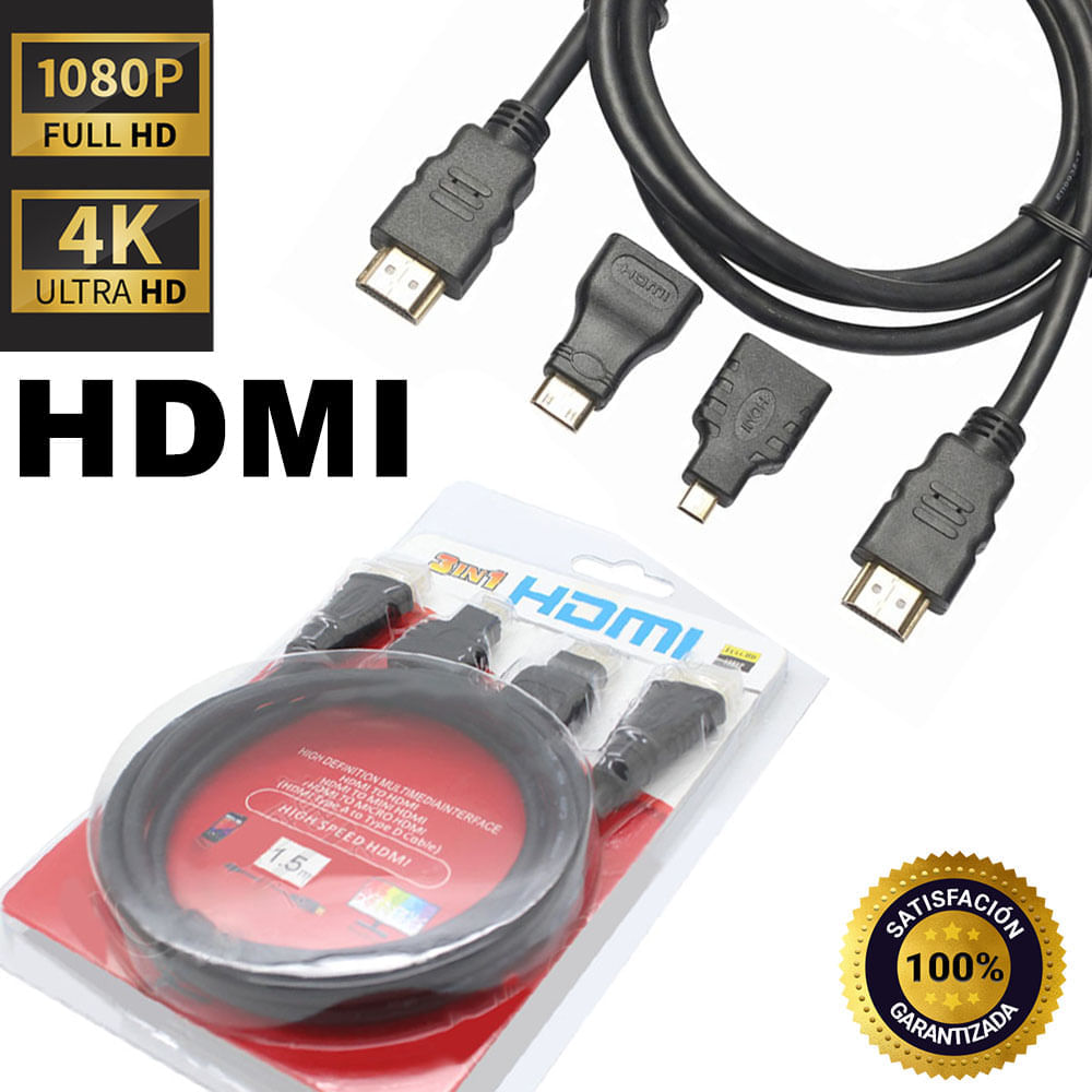 Cable Hdmi 3 En 1 Con Adaptador Mini Y Micro Hdmi 1.5 Metros GENERICO